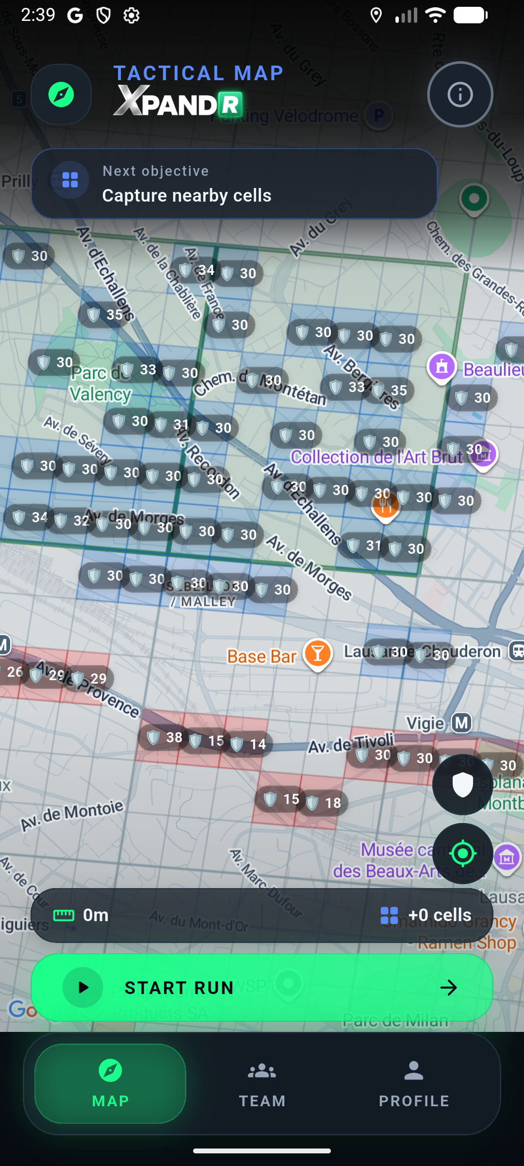 XpandR tactical map showing real-world zones controlled by different players