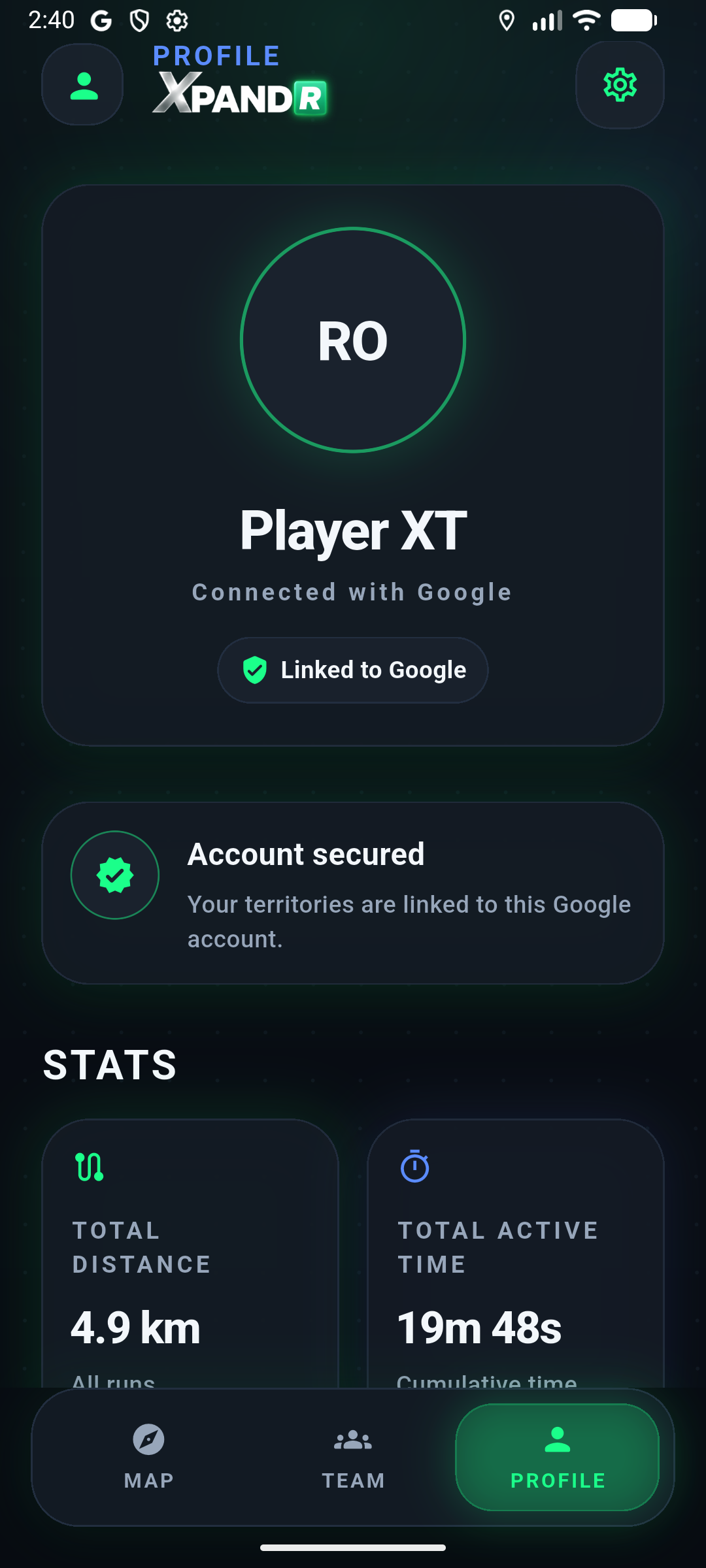 XpandR player profile with distance, activity and territory statistics